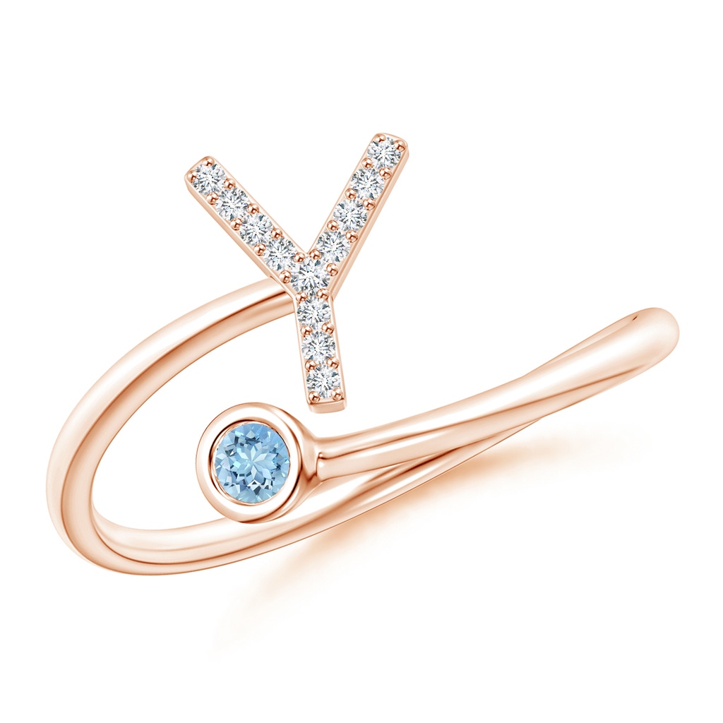 2.5mm AAAA Capital "Y" Diamond Initial Ring with Bezel-Set Aquamarine in Rose Gold
