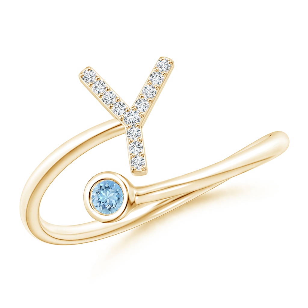 2.5mm AAAA Capital "Y" Diamond Initial Ring with Bezel-Set Aquamarine in Yellow Gold