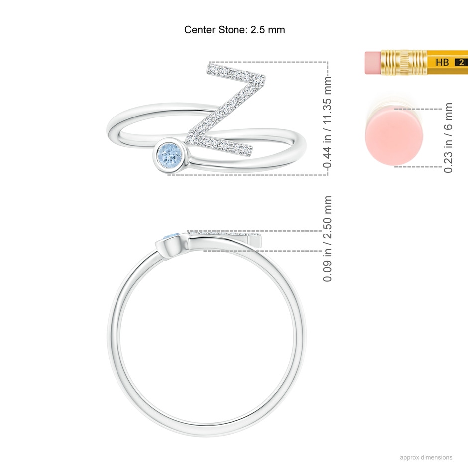 2.5mm AA Capital "Z" Diamond Initial Ring with Bezel-Set Aquamarine in White Gold ruler