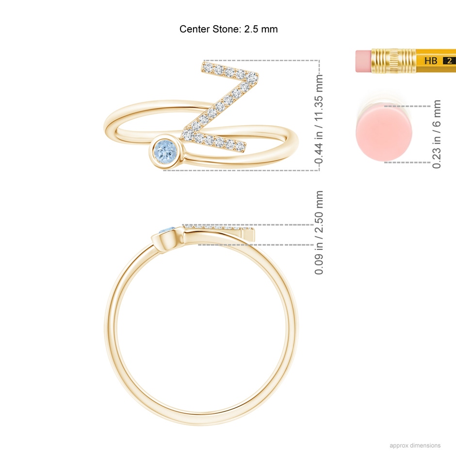 2.5mm AA Capital "Z" Diamond Initial Ring with Bezel-Set Aquamarine in Yellow Gold ruler