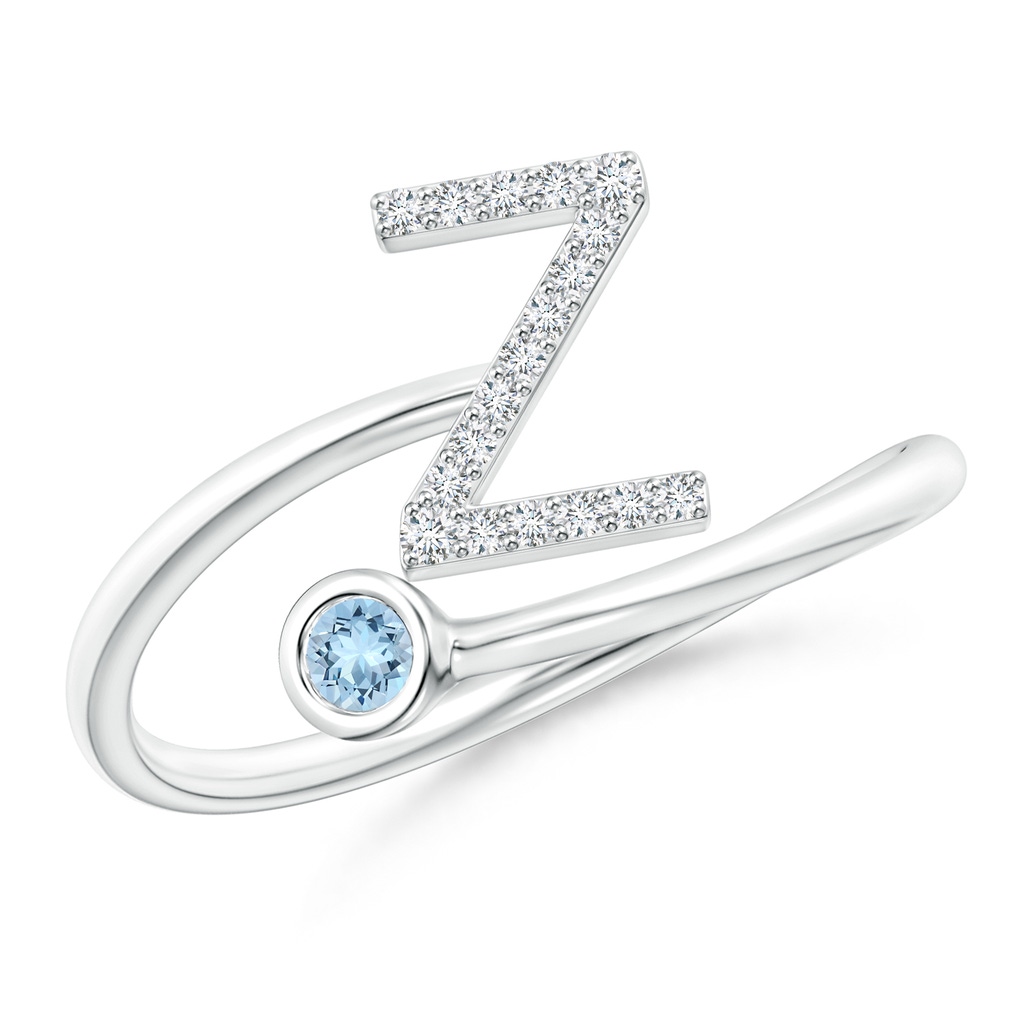 2.5mm AAA Capital "Z" Diamond Initial Ring with Bezel-Set Aquamarine in White Gold