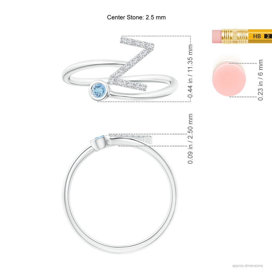 2.5mm AAAA Capital "Z" Diamond Initial Ring with Bezel-Set Aquamarine in White Gold ruler