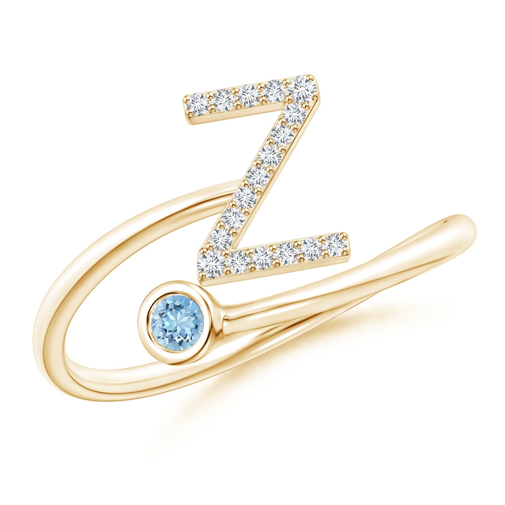 2.5mm AAAA Capital "Z" Diamond Initial Ring with Bezel-Set Aquamarine in Yellow Gold