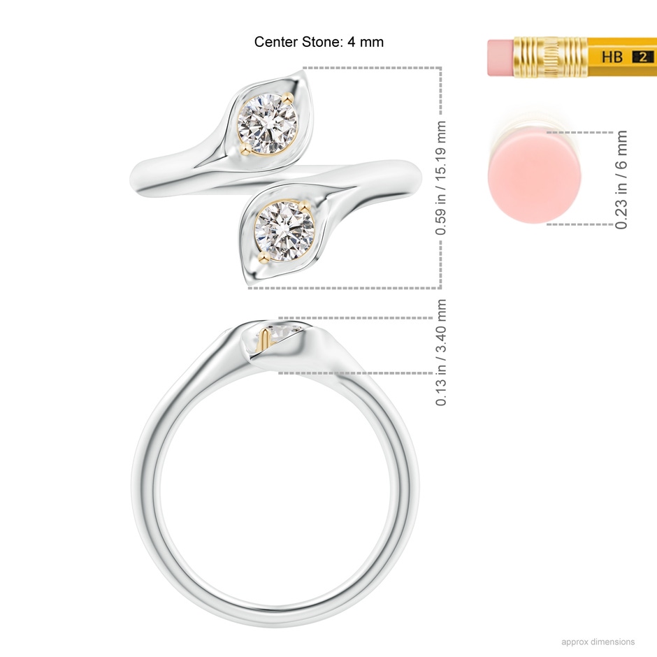 4mm IJI1I2 Calla Lily Two Stone Diamond Ring in White Gold Yellow Gold Ruler