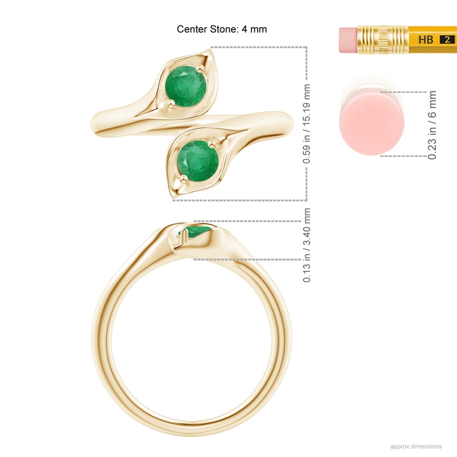 4mm A Calla Lily Two Stone Emerald Ring in Yellow Gold ruler