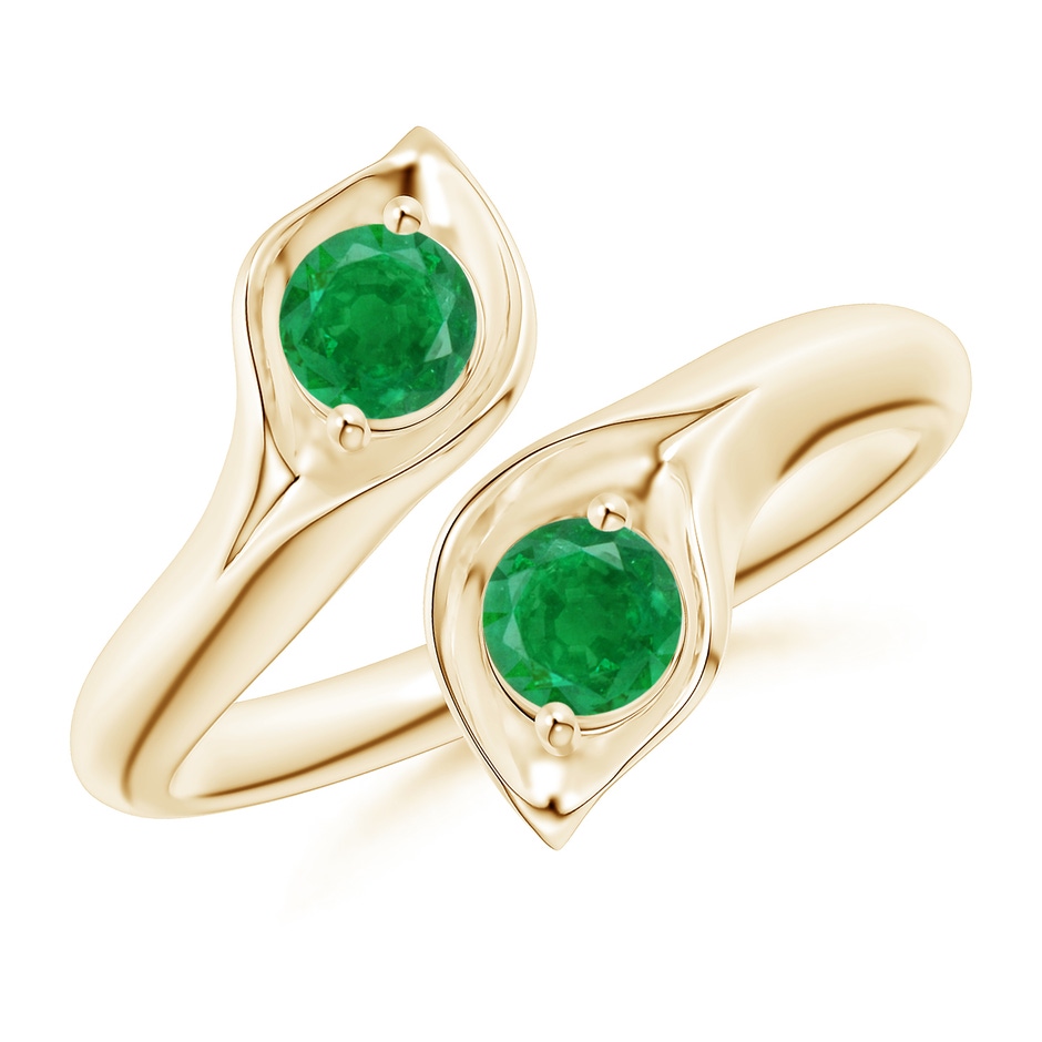4mm AA Calla Lily Two Stone Emerald Ring in Yellow Gold 