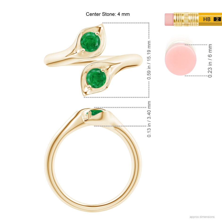 4mm AA Calla Lily Two Stone Emerald Ring in Yellow Gold ruler