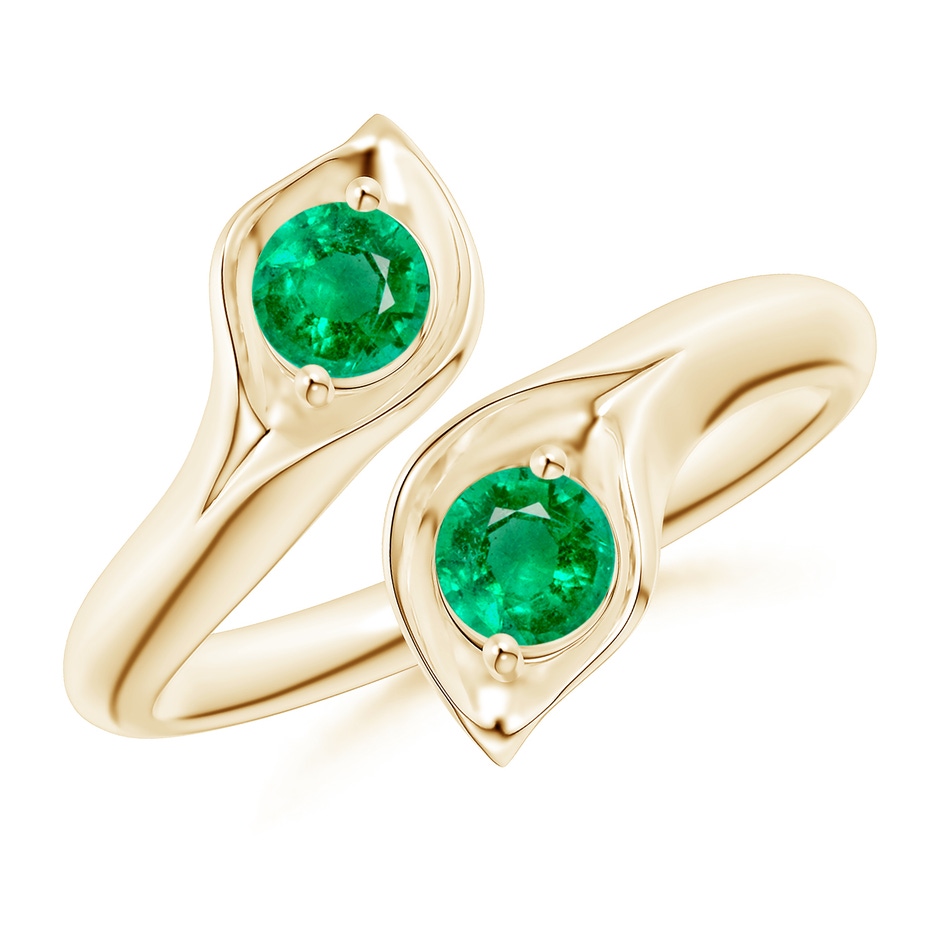 4mm AAA Calla Lily Two Stone Emerald Ring in Yellow Gold 