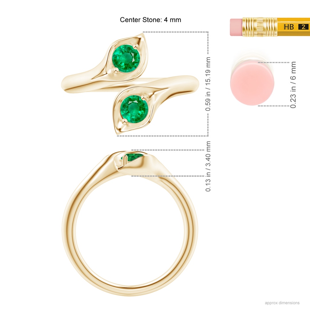 4mm AAA Calla Lily Two Stone Emerald Ring in Yellow Gold Ruler