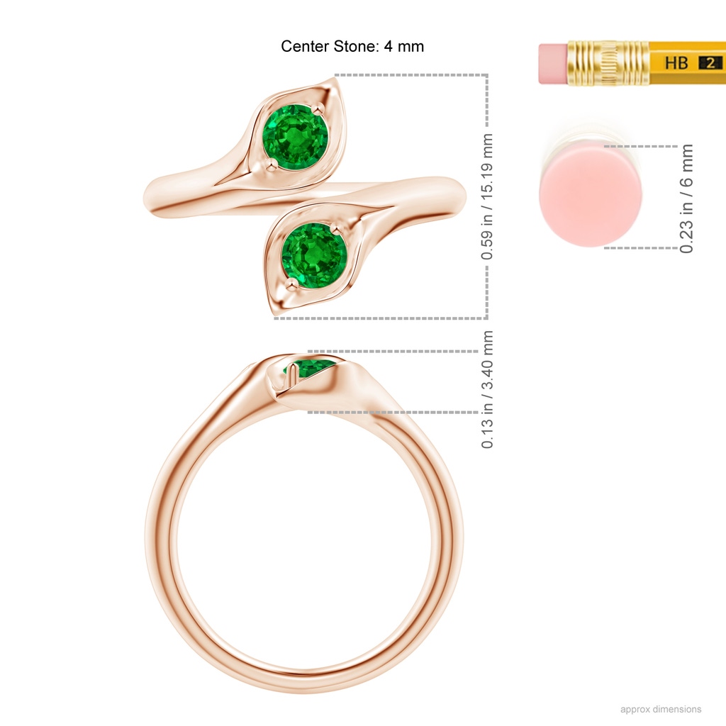 4mm AAAA Calla Lily Two Stone Emerald Ring in Rose Gold Ruler