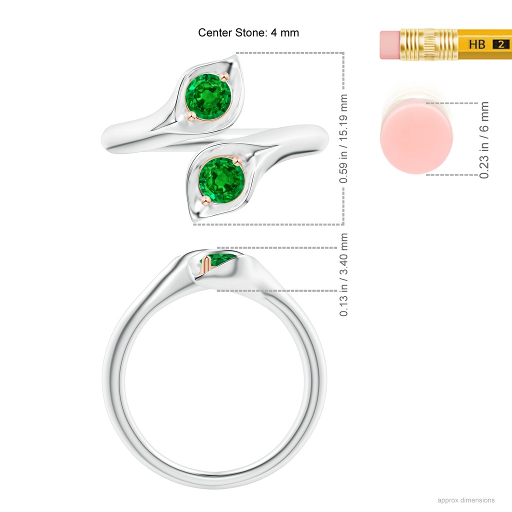 4mm AAAA Calla Lily Two Stone Emerald Ring in White Gold Rose Gold Ruler