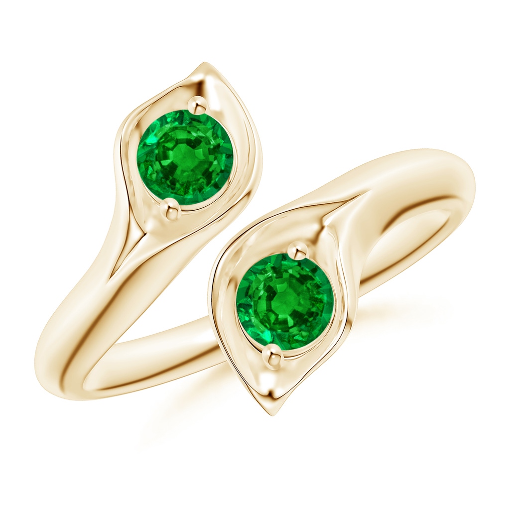 4mm AAAA Calla Lily Two Stone Emerald Ring in Yellow Gold