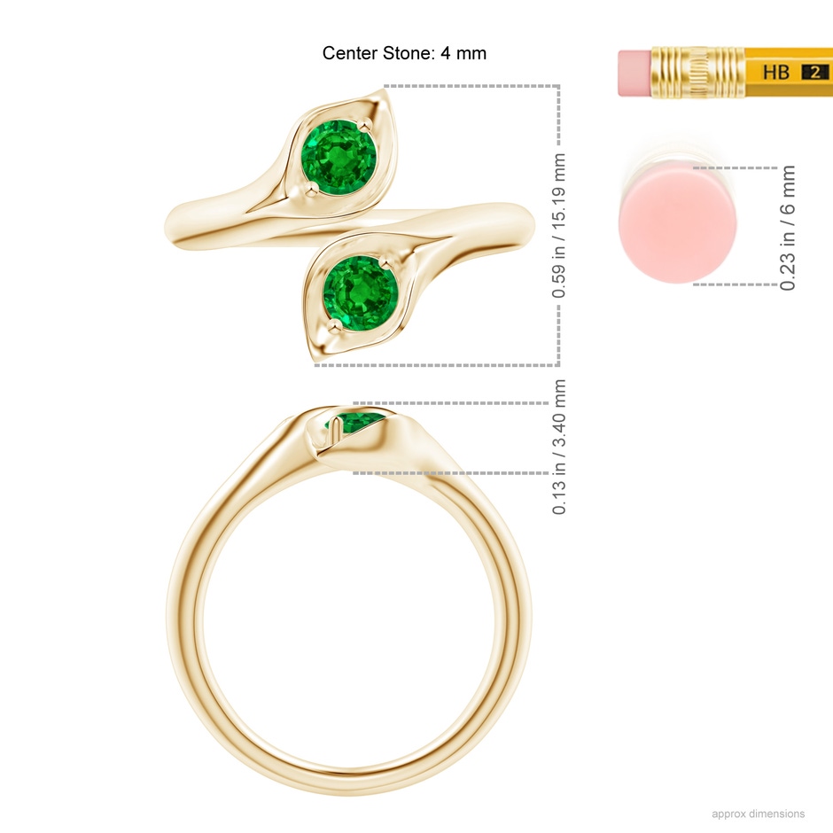 4mm AAAA Calla Lily Two Stone Emerald Ring in Yellow Gold ruler