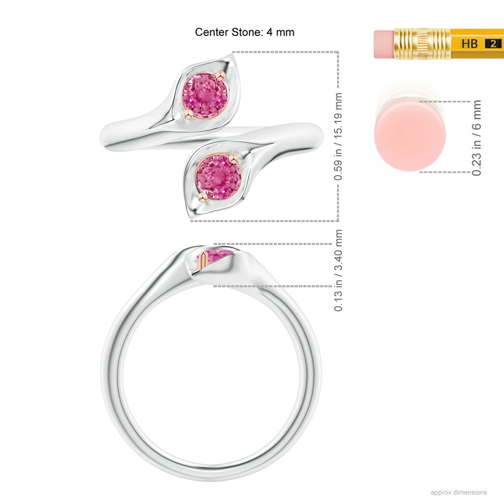 4mm AAA Calla Lily Two Stone Pink Sapphire Ring in White Gold Rose Gold Ruler