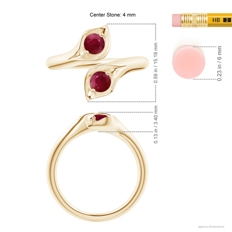4mm A Calla Lily Two Stone Ruby Ring in Yellow Gold Ruler