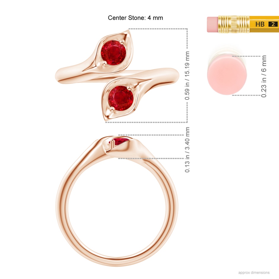 4mm AAA Calla Lily Two Stone Ruby Ring in Rose Gold ruler