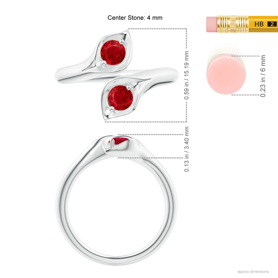 4mm AAA Calla Lily Two Stone Ruby Ring in White Gold Ruler