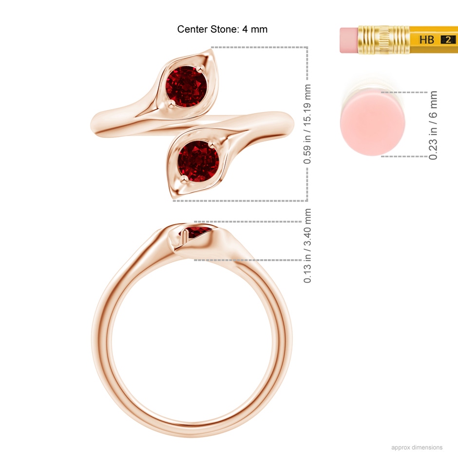 4mm AAAA Calla Lily Two Stone Ruby Ring in Rose Gold ruler