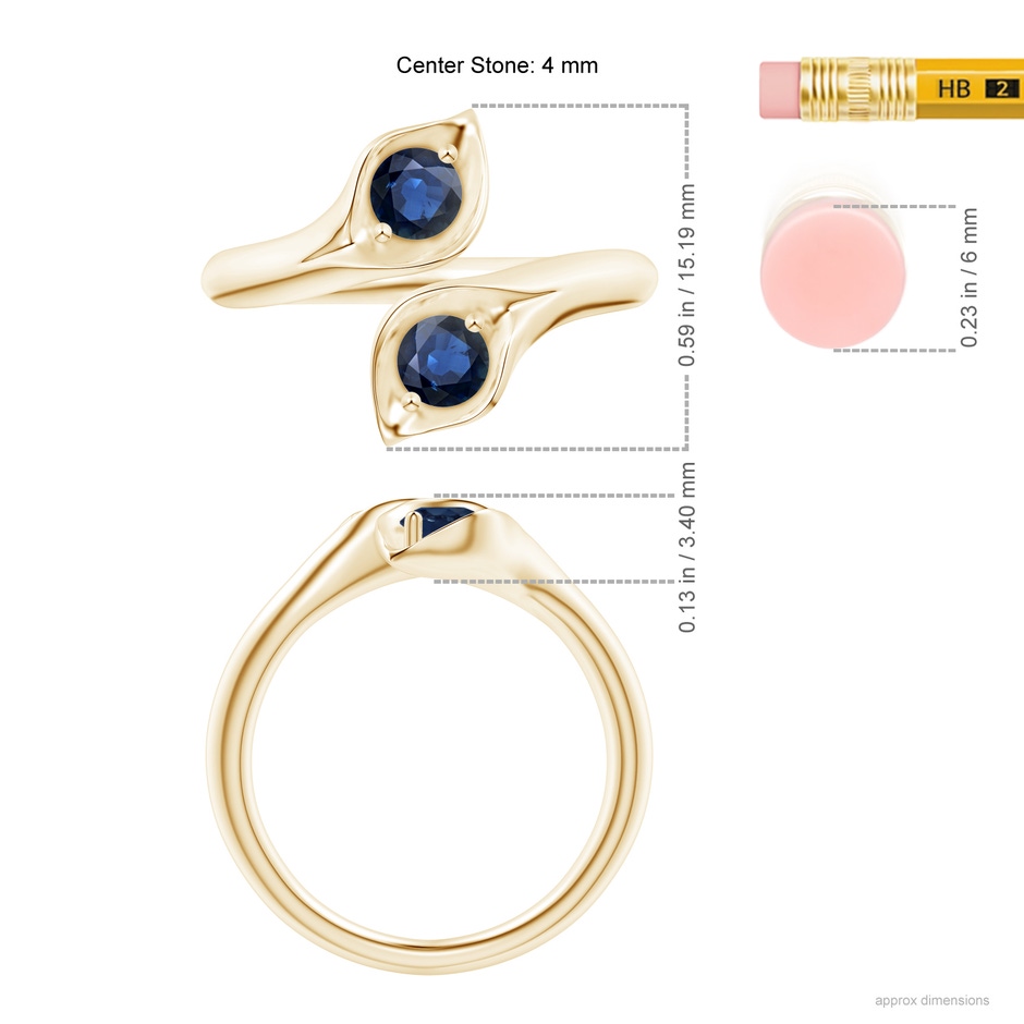4mm AA Calla Lily Two Stone Sapphire Ring in Yellow Gold ruler