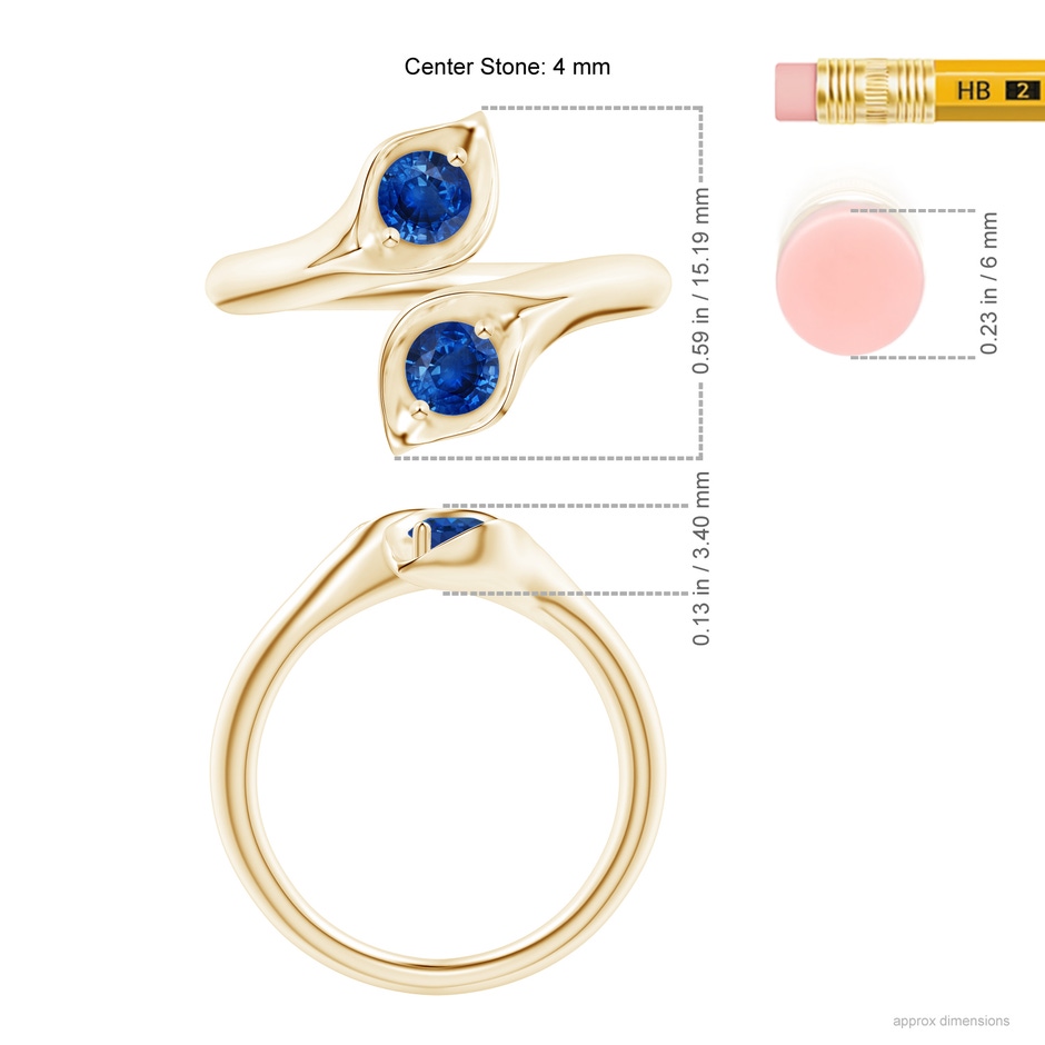 4mm AAA Calla Lily Two Stone Sapphire Ring in Yellow Gold ruler