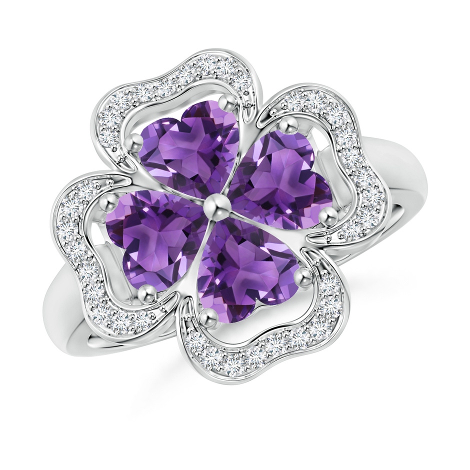 5mm AAA Heart-Shaped Amethyst Clover Ring in White Gold 