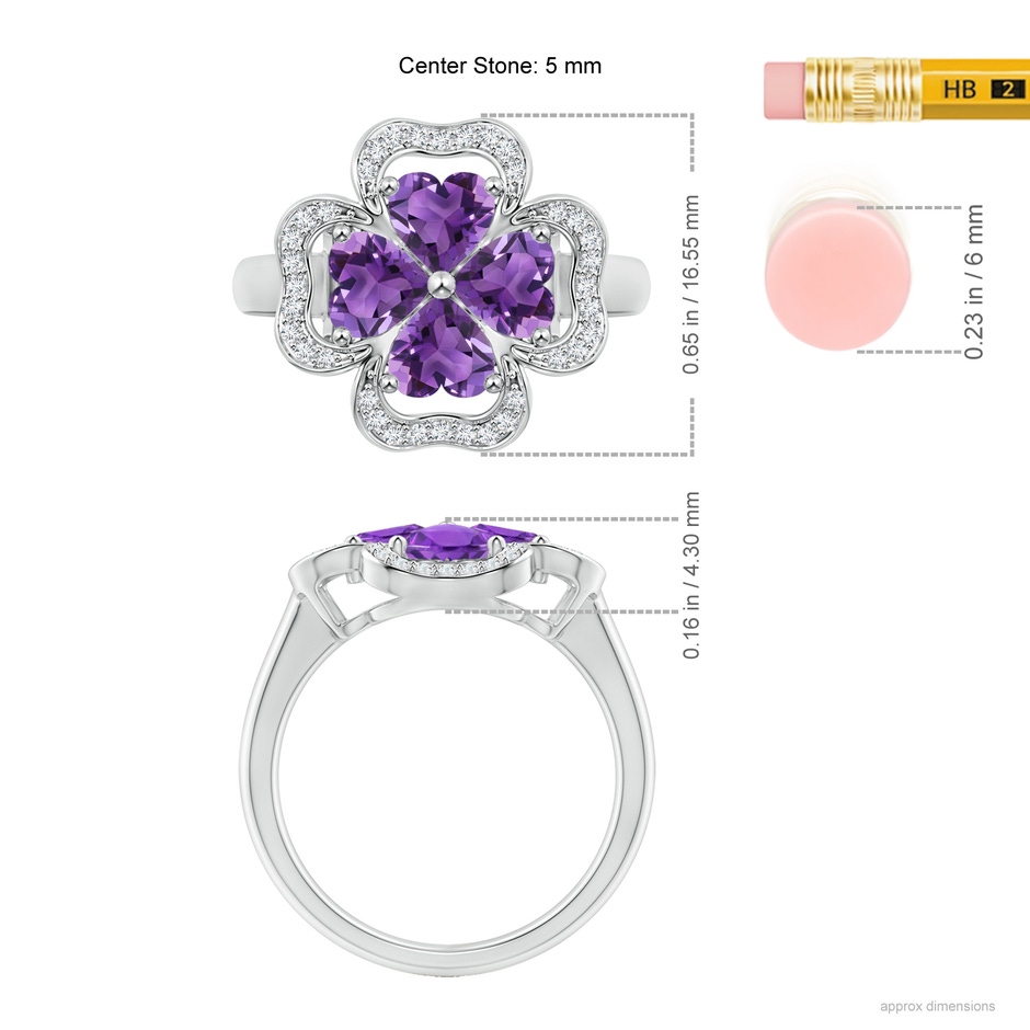 5mm AAA Heart-Shaped Amethyst Clover Ring in White Gold ruler