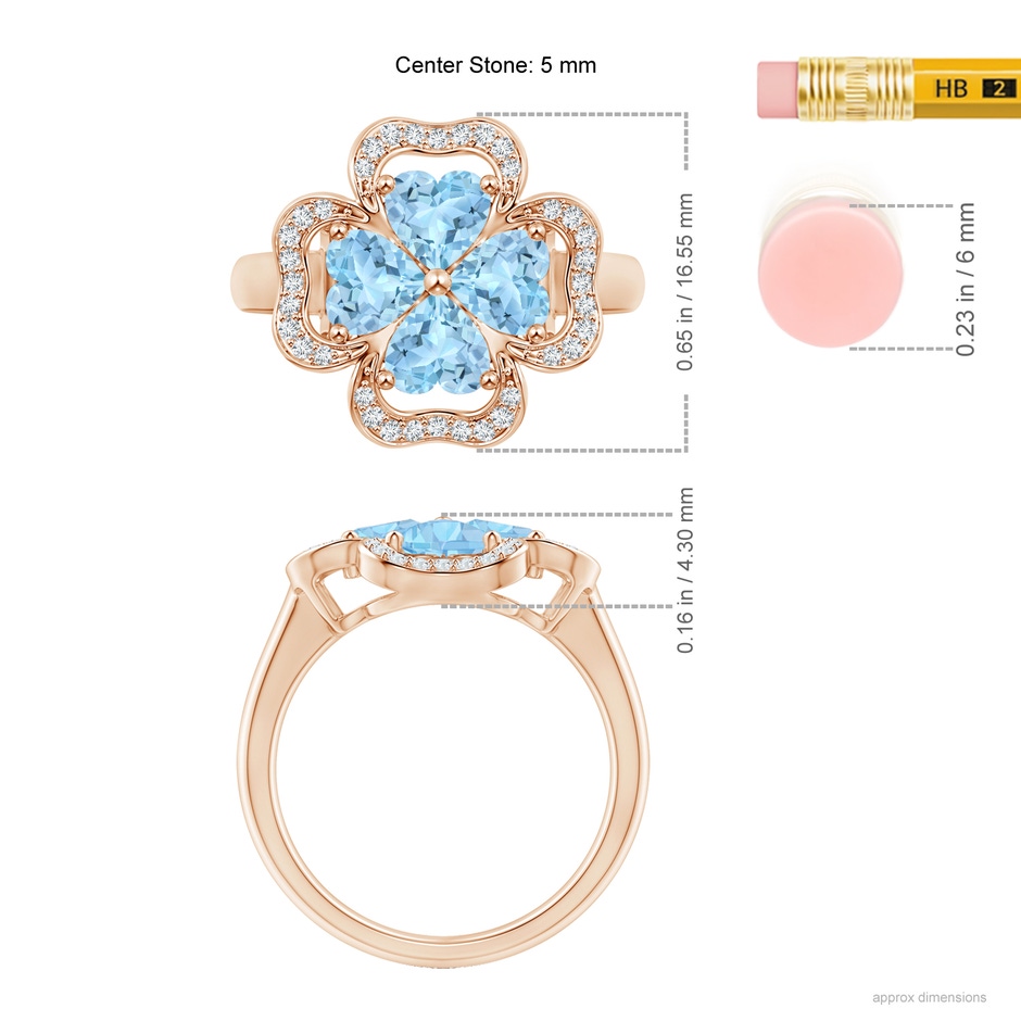 5mm AAA Heart-Shaped Aquamarine Clover Ring in Rose Gold ruler