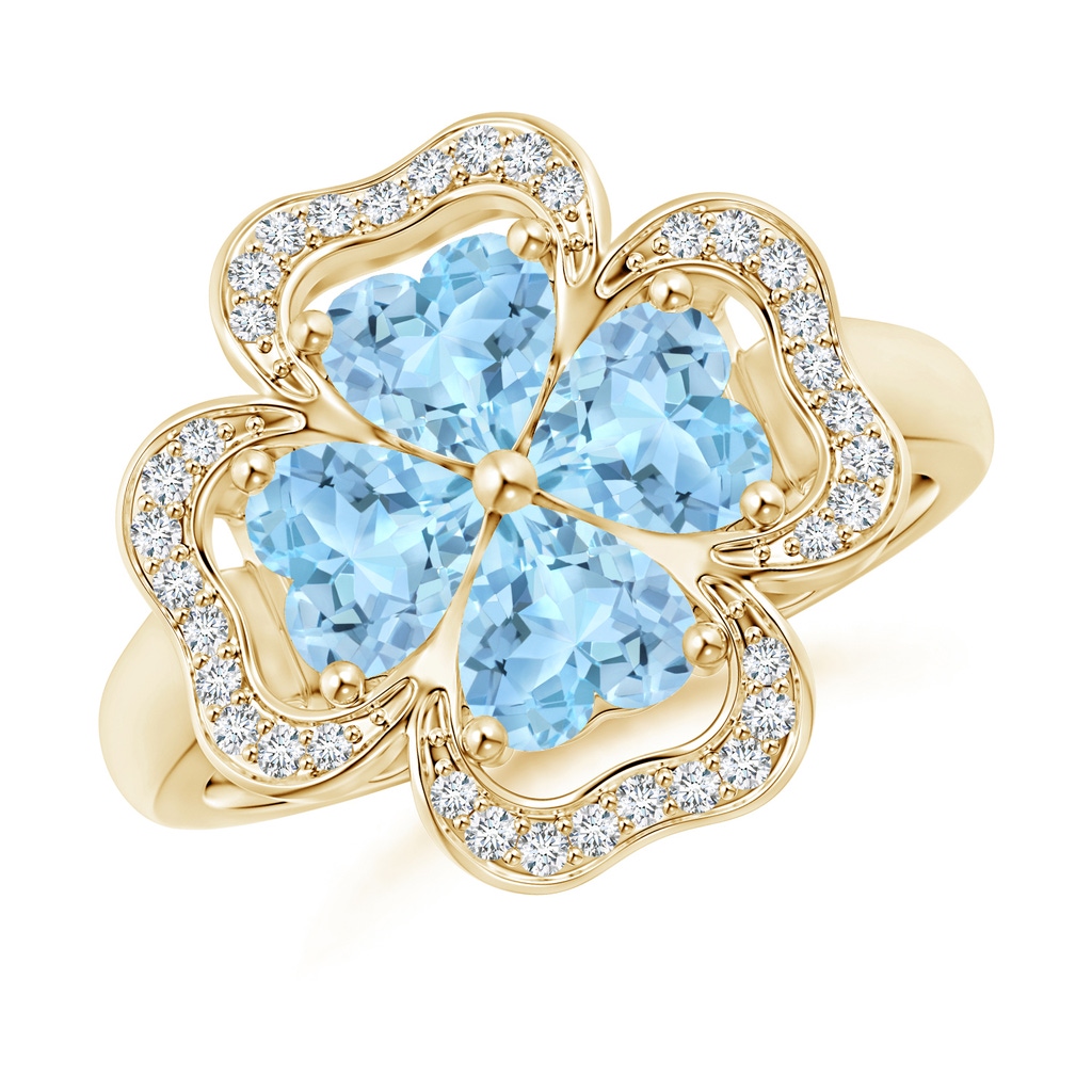 5mm AAA Heart-Shaped Aquamarine Clover Ring in Yellow Gold