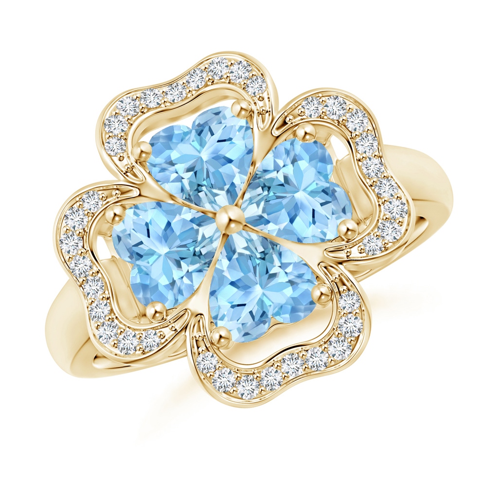 5mm AAAA Heart-Shaped Aquamarine Clover Ring in Yellow Gold