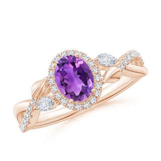 7x5mm AAA Oval Amethyst Twisted Vine Ring with Diamond Halo in Rose Gold
