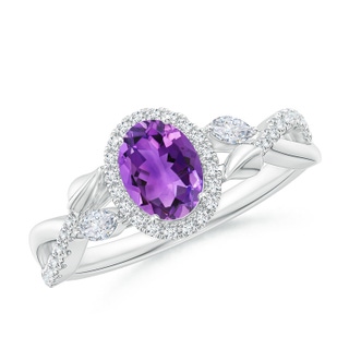 7x5mm AAA Oval Amethyst Twisted Vine Ring with Diamond Halo in White Gold