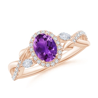7x5mm AAAA Oval Amethyst Twisted Vine Ring with Diamond Halo in Rose Gold