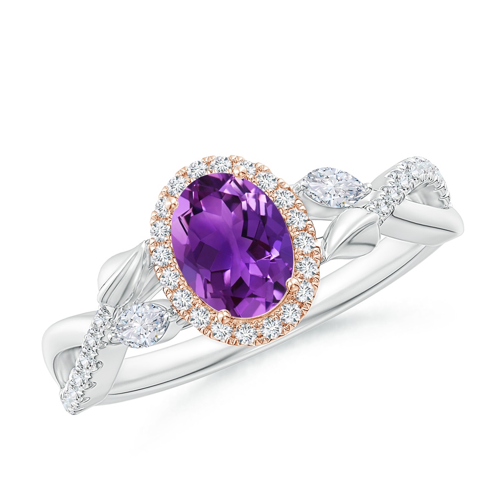 7x5mm AAAA Oval Amethyst Twisted Vine Ring with Diamond Halo in White Gold Rose Gold