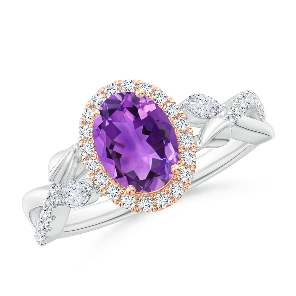 8x6mm AAA Oval Amethyst Twisted Vine Ring with Diamond Halo in White Gold Rose Gold