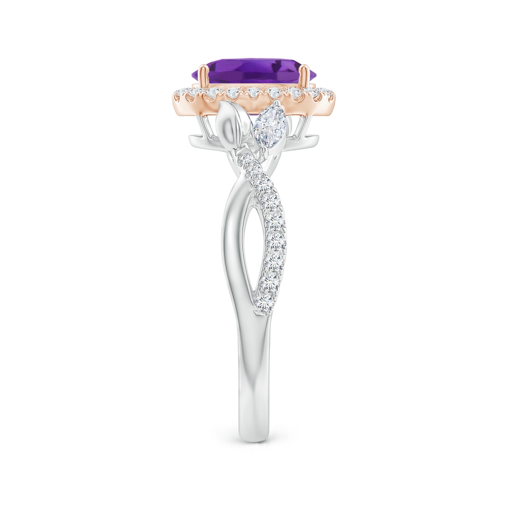 8x6mm AAA Oval Amethyst Twisted Vine Ring with Diamond Halo in White Gold Rose Gold Side-2