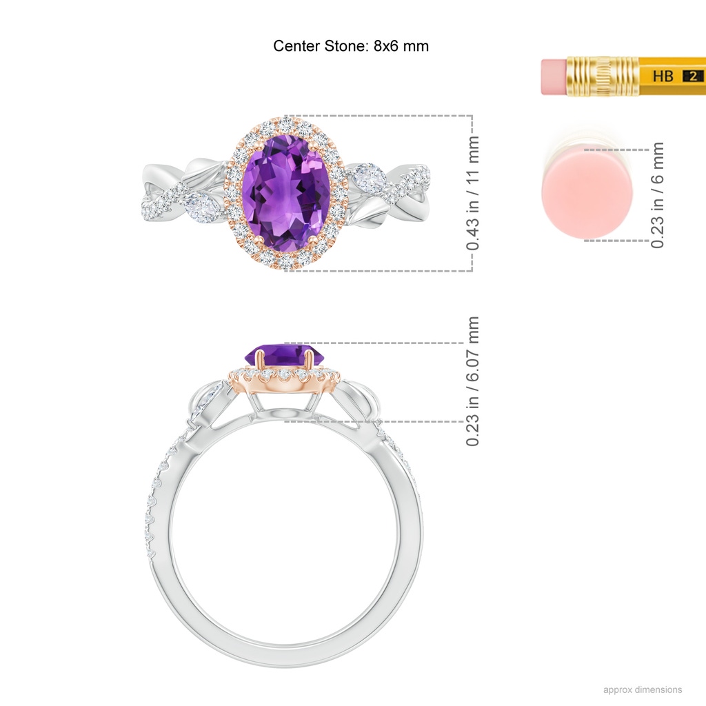 8x6mm AAA Oval Amethyst Twisted Vine Ring with Diamond Halo in White Gold Rose Gold Ruler