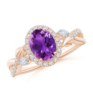 8x6mm AAAA Oval Amethyst Twisted Vine Ring with Diamond Halo in Rose Gold