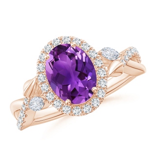 9x7mm AAAA Oval Amethyst Twisted Vine Ring with Diamond Halo in Rose Gold