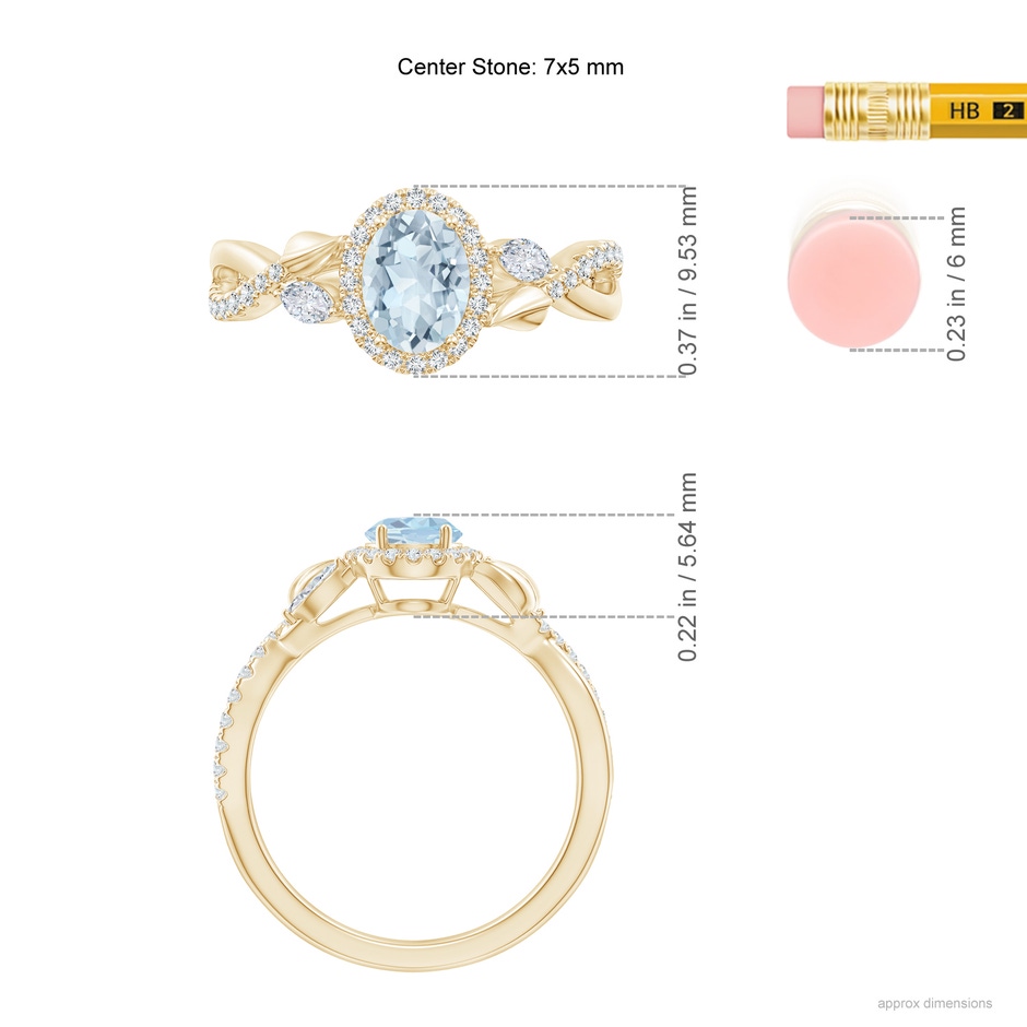 7x5mm A Oval Aquamarine Twisted Vine Ring with Diamond Halo in 9K Yellow Gold ruler