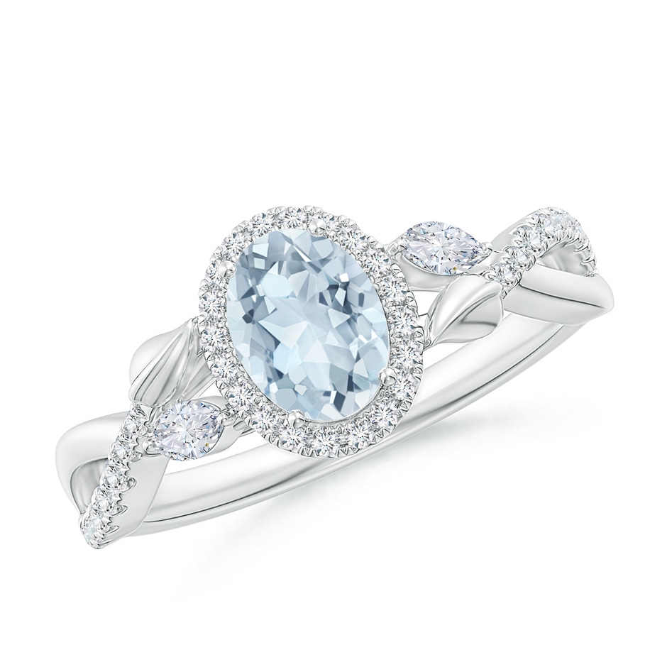 7x5mm A Oval Aquamarine Twisted Vine Ring with Diamond Halo in White Gold 