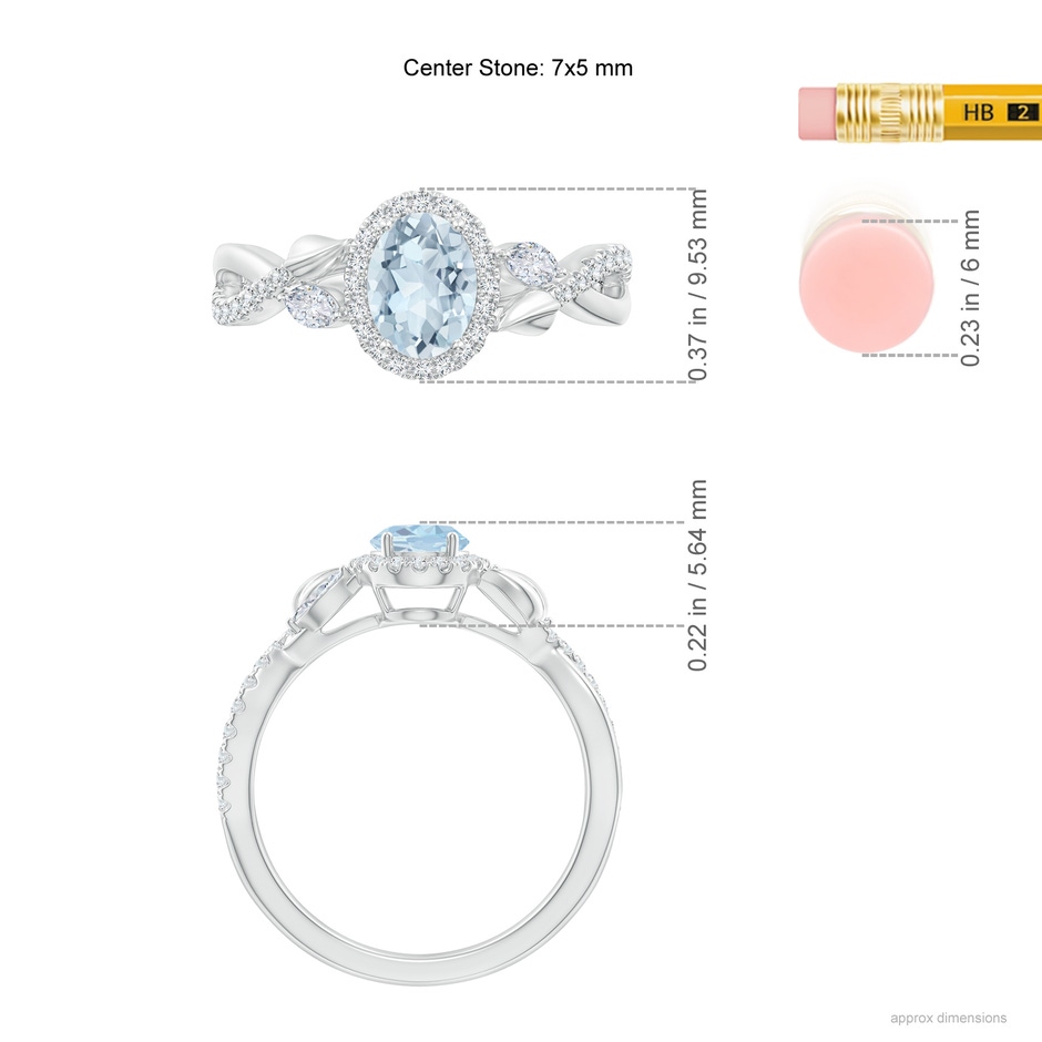 7x5mm A Oval Aquamarine Twisted Vine Ring with Diamond Halo in White Gold ruler