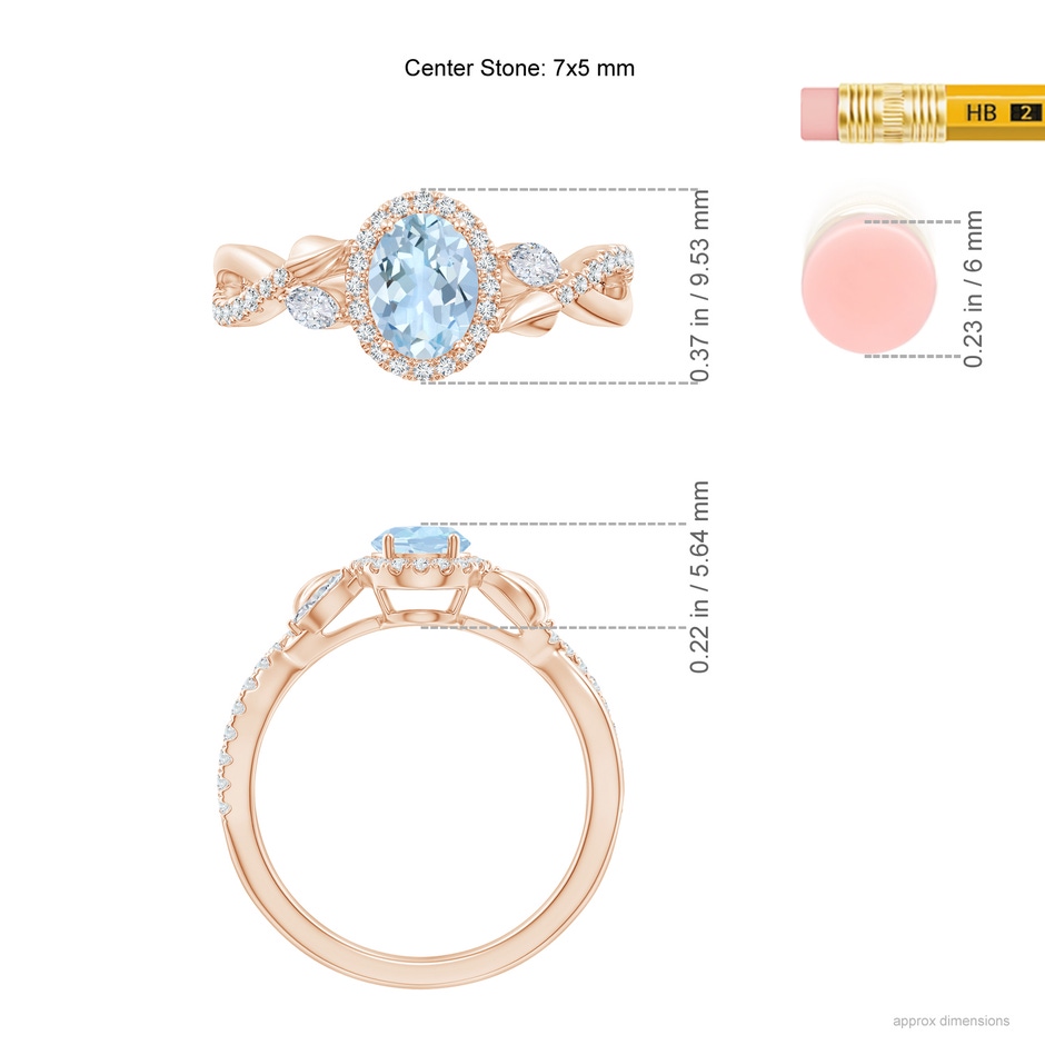 7x5mm AA Oval Aquamarine Twisted Vine Ring with Diamond Halo in Rose Gold ruler