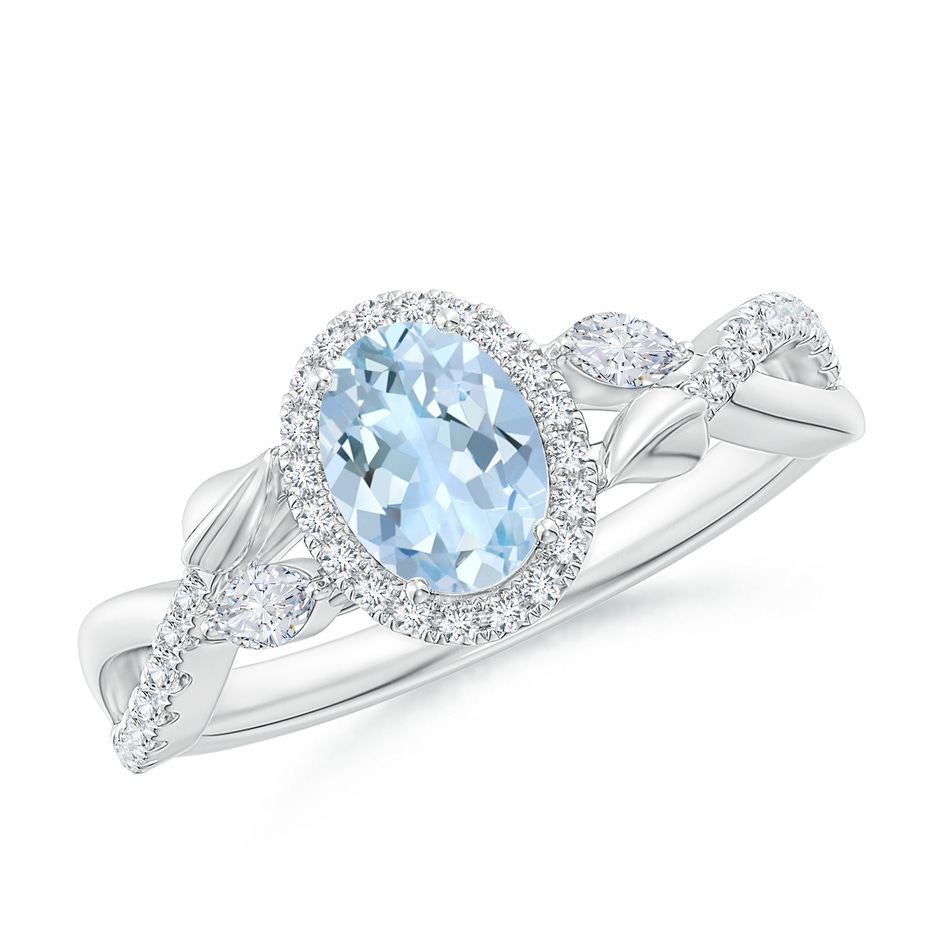 7x5mm AA Oval Aquamarine Twisted Vine Ring with Diamond Halo in White Gold 