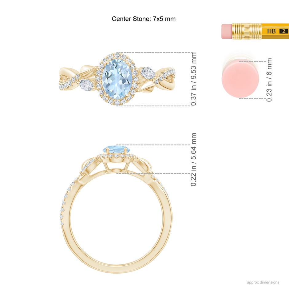 7x5mm AA Oval Aquamarine Twisted Vine Ring with Diamond Halo in Yellow Gold ruler