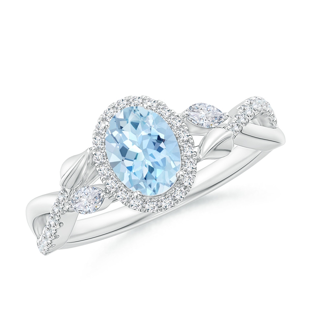 7x5mm AAA Oval Aquamarine Twisted Vine Ring with Diamond Halo in White Gold