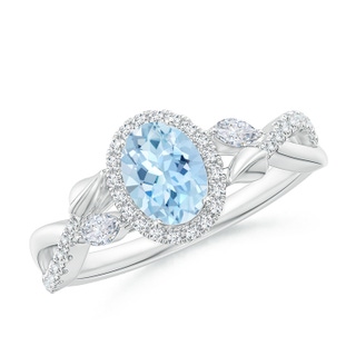 7x5mm AAA Oval Aquamarine Twisted Vine Ring with Diamond Halo in White Gold