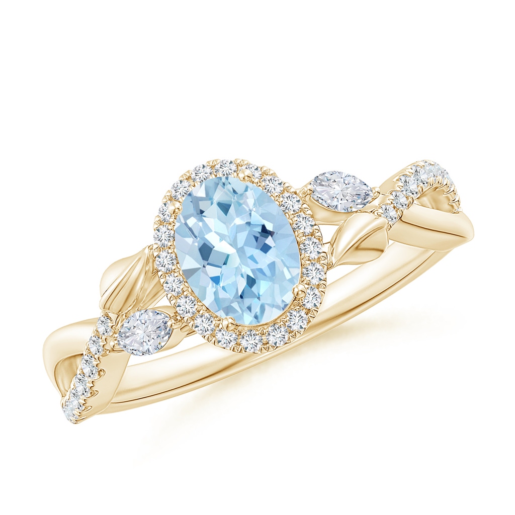 7x5mm AAA Oval Aquamarine Twisted Vine Ring with Diamond Halo in Yellow Gold