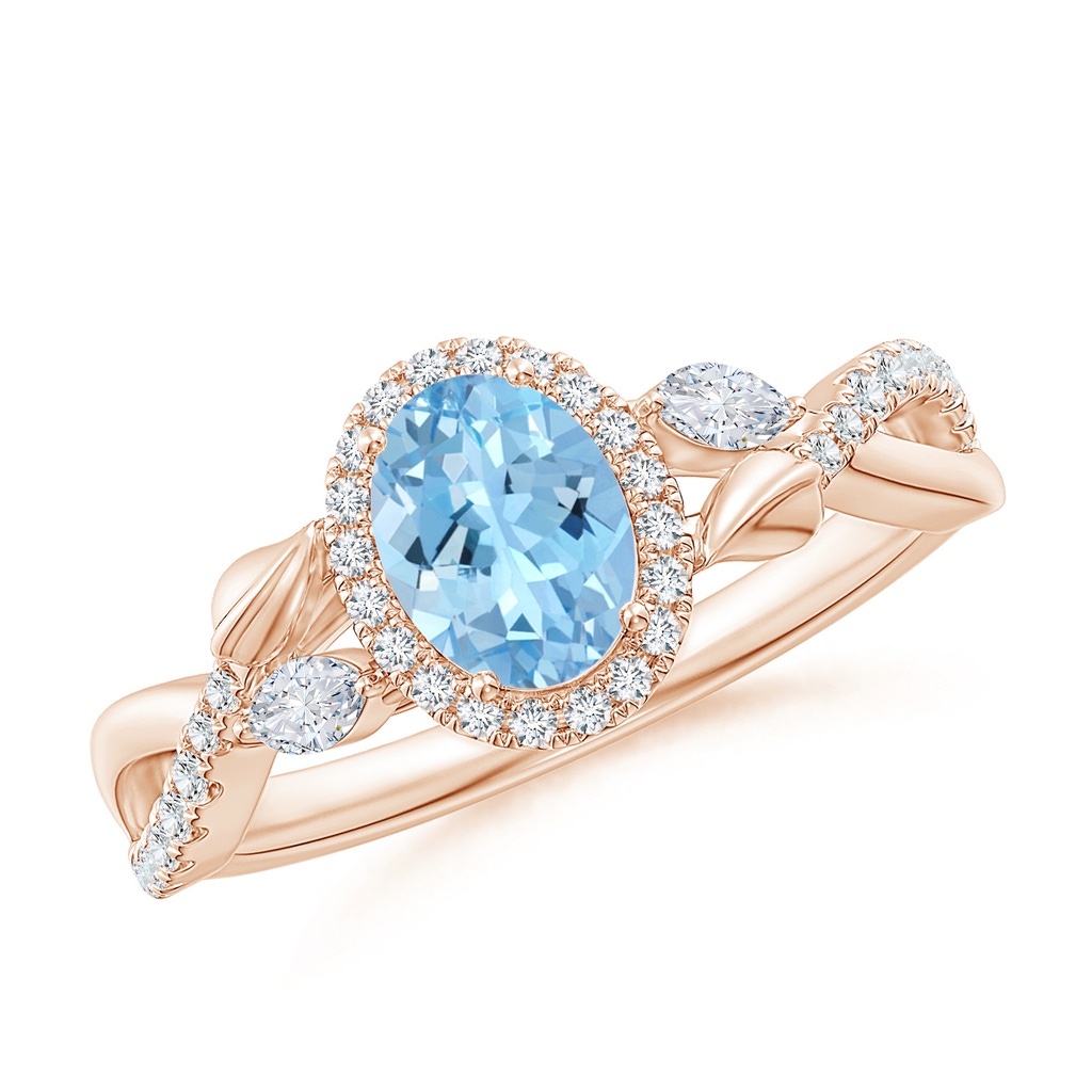 7x5mm AAAA Oval Aquamarine Twisted Vine Ring with Diamond Halo in Rose Gold