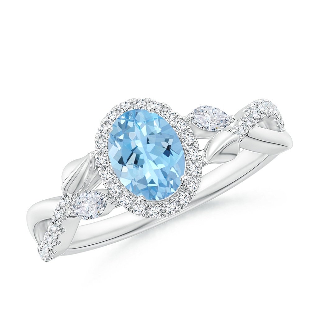 7x5mm AAAA Oval Aquamarine Twisted Vine Ring with Diamond Halo in White Gold