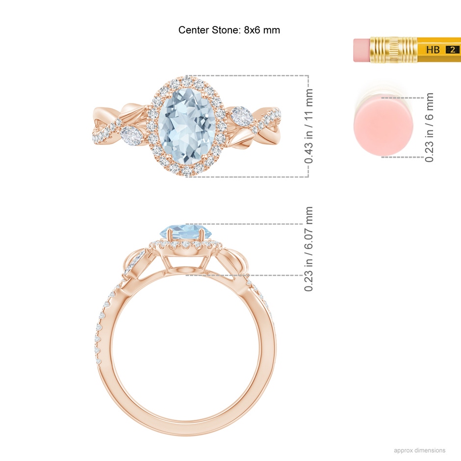 8x6mm A Oval Aquamarine Twisted Vine Ring with Diamond Halo in Rose Gold ruler